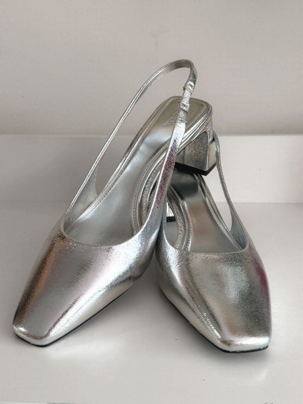 🩶 Zara Silver Metallic Slingback Block Heel Pumps  Size EU 39